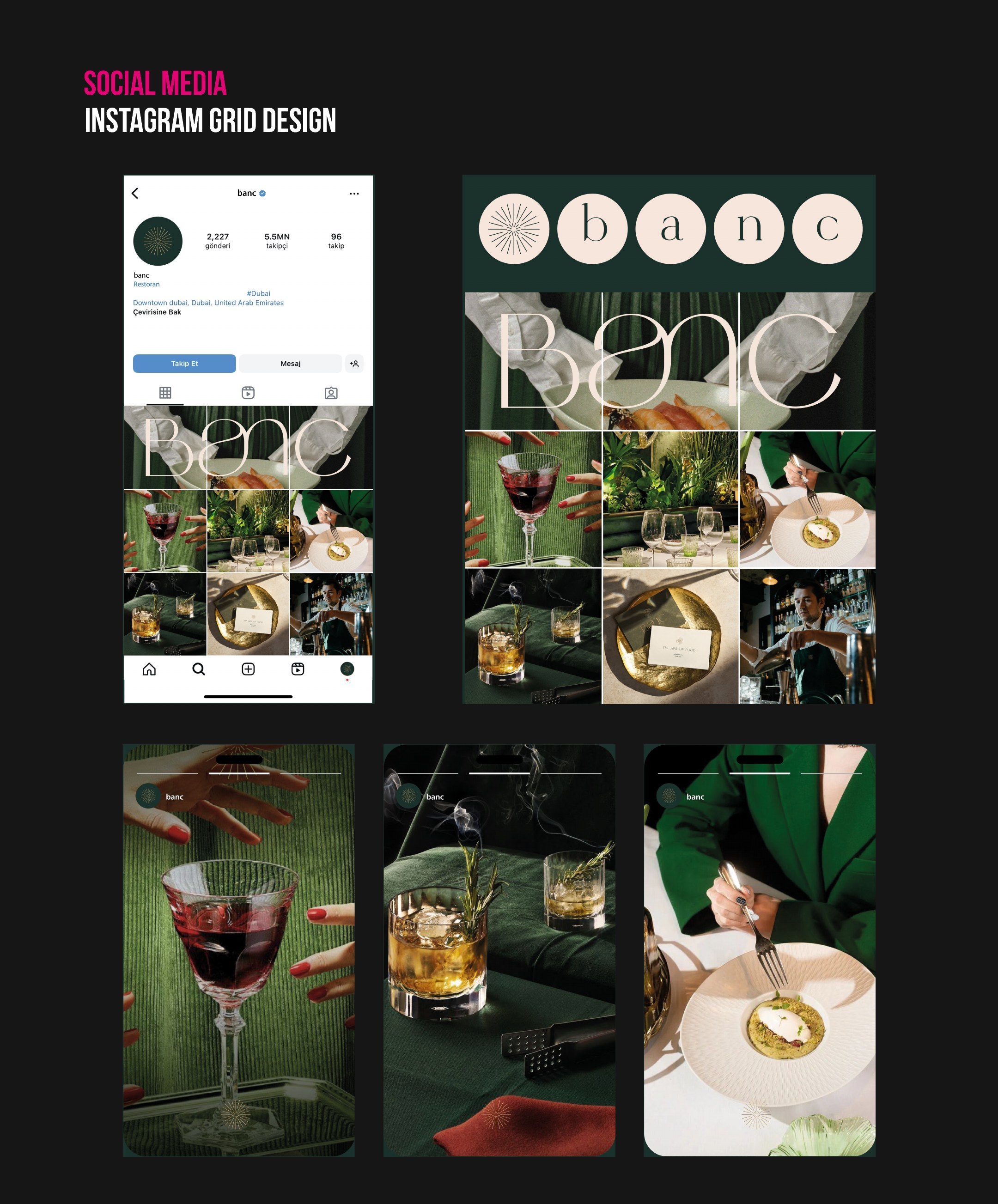 BANC Dubai social media design, Instagram profile, grid and story portfolio